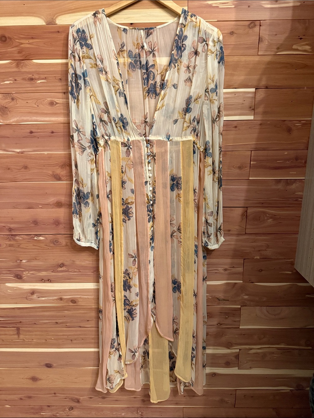 Free People Cream Floral High-Low Maxi Dress with Pastel Stripes